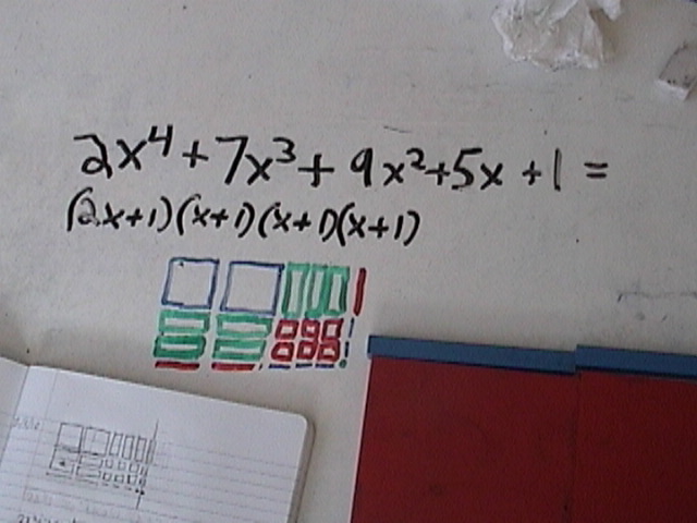 4th degree algebra with base ten blocks, area maps, factoring polynomials, mortensen math