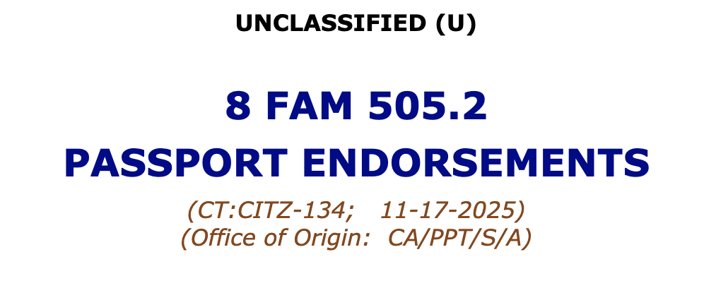 Passport endorsements 8 FAM 505.2