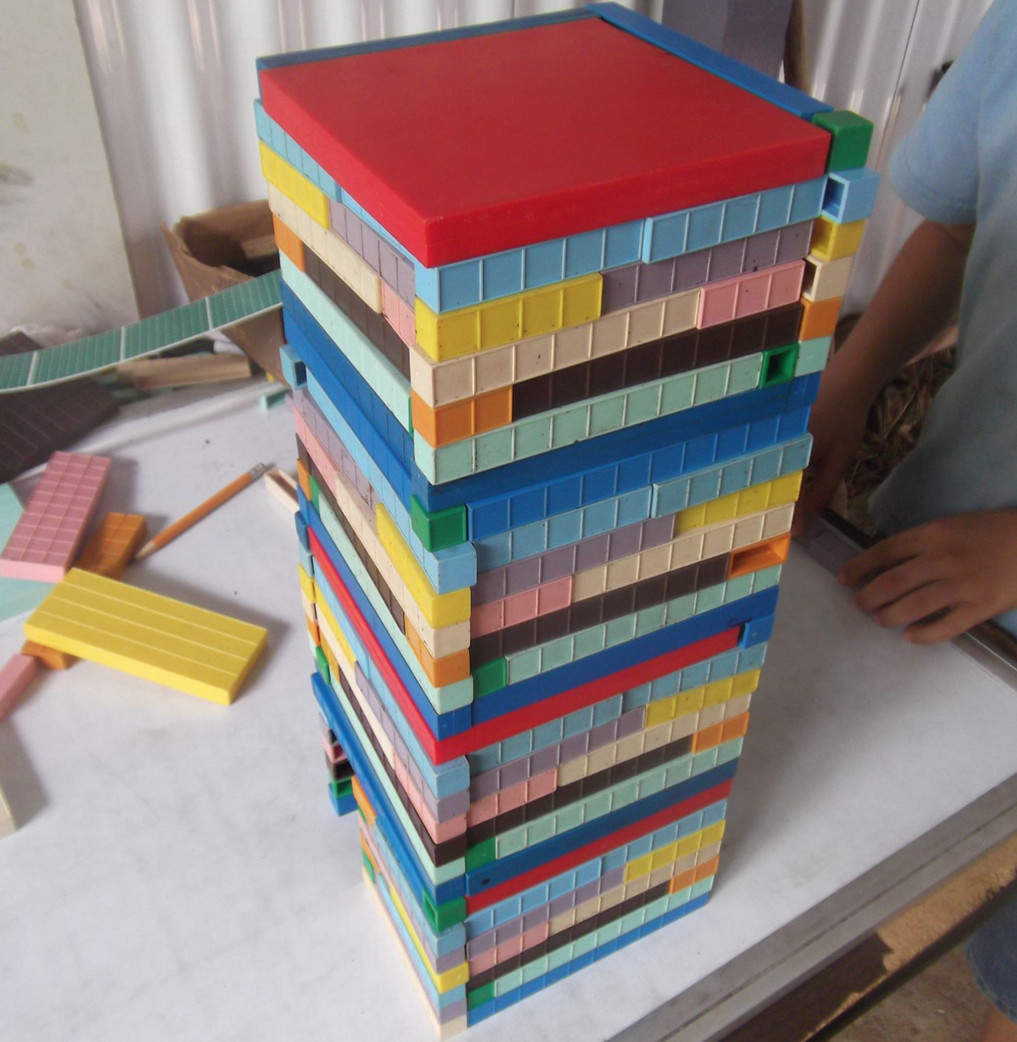 huge 121 cube tower, made from base ten blocks