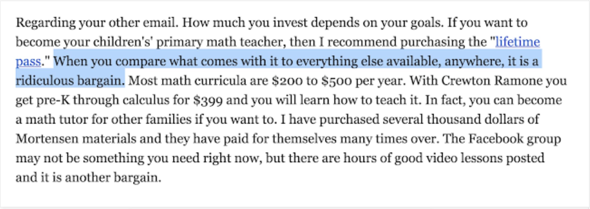 Crewton Ramone testimonial for homeschool math teachers.